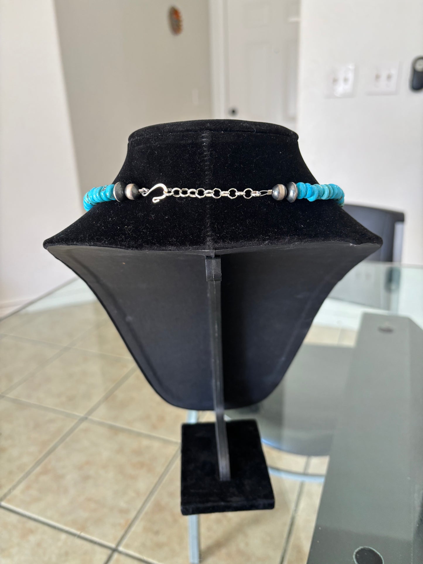 Lone Mountain Turquoise Rondelle Necklace with Zuni Spirit Bear Fetish, 18", Turquoise Mustang