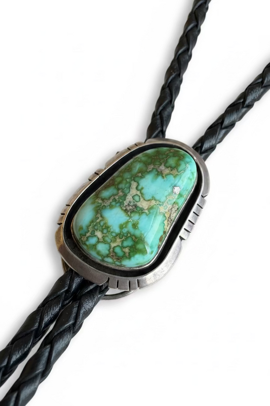 Bolo, freeform Sonoran Gold turquoise, file work bezel, LJ hallmark