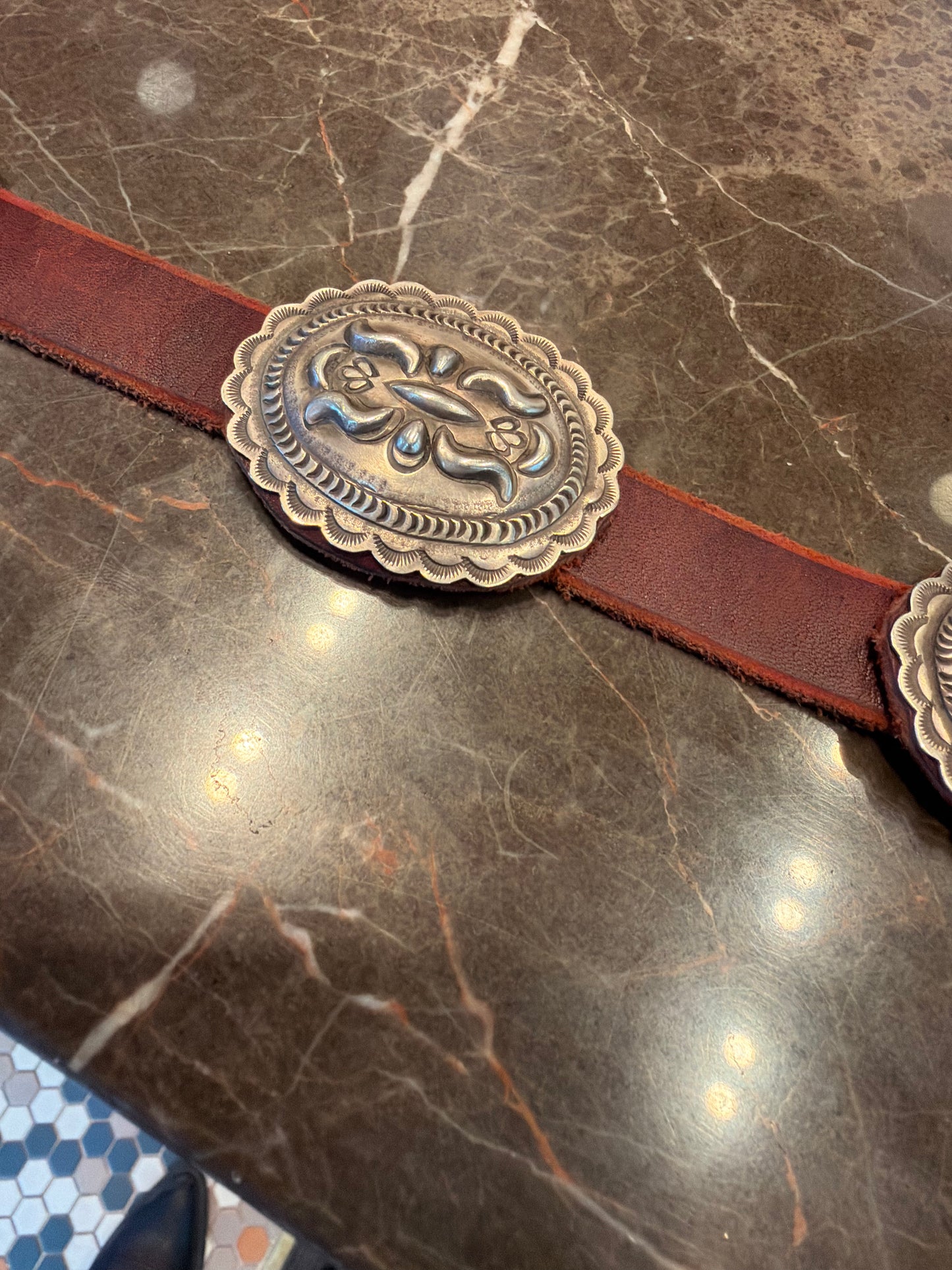 Concho belt, vintage, Repousse oval conchos, Eugene Charley