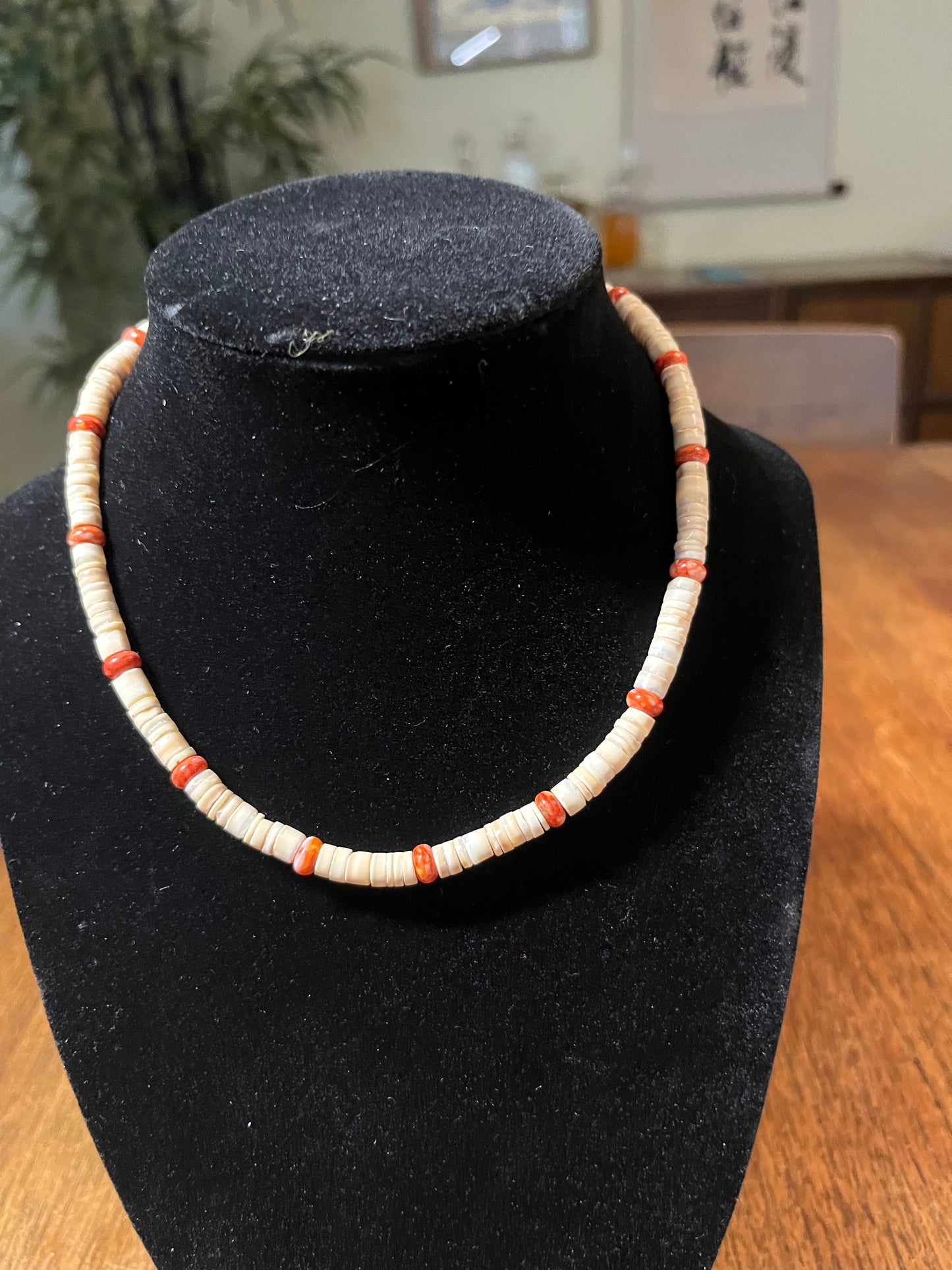 14" White Heishi & Red Spiny Oyster Necklace