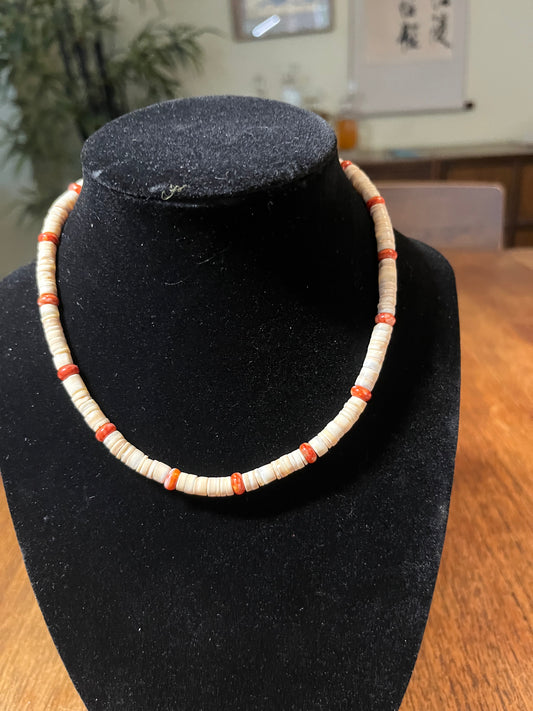 14" White Heishi & Red Spiny Oyster Necklace