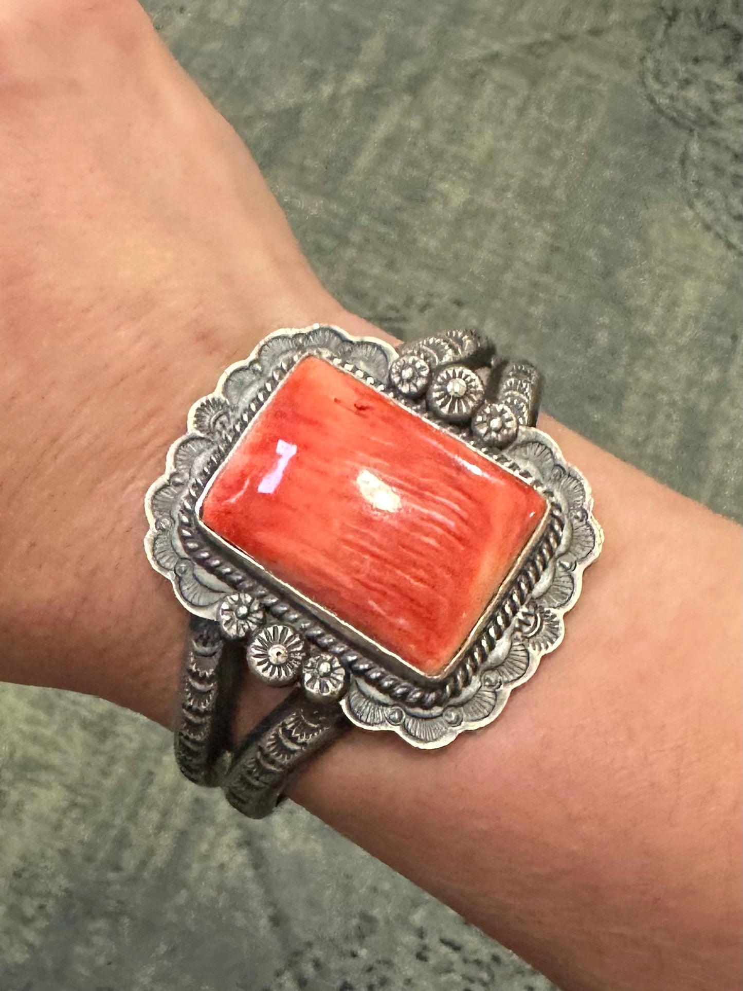 Orange Spiny Oyster Rectangular Cuff with Rope Bezel by J. Nelson, Navajo