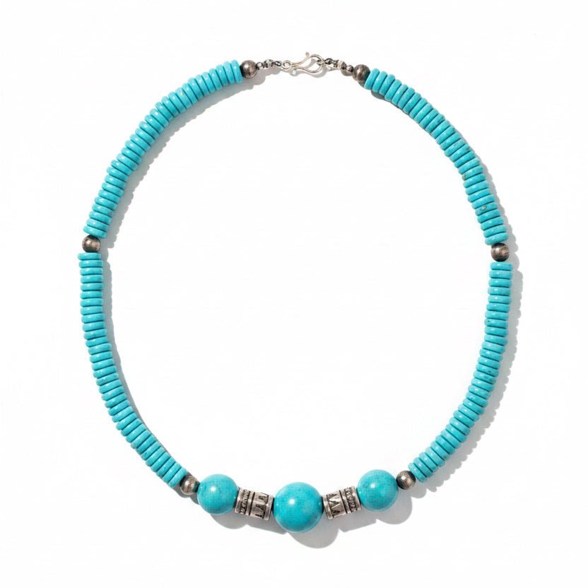 21" Kingman Blue Turquoise Graduated Heshi Necklace with Three Sleeping Beauty Nuggets