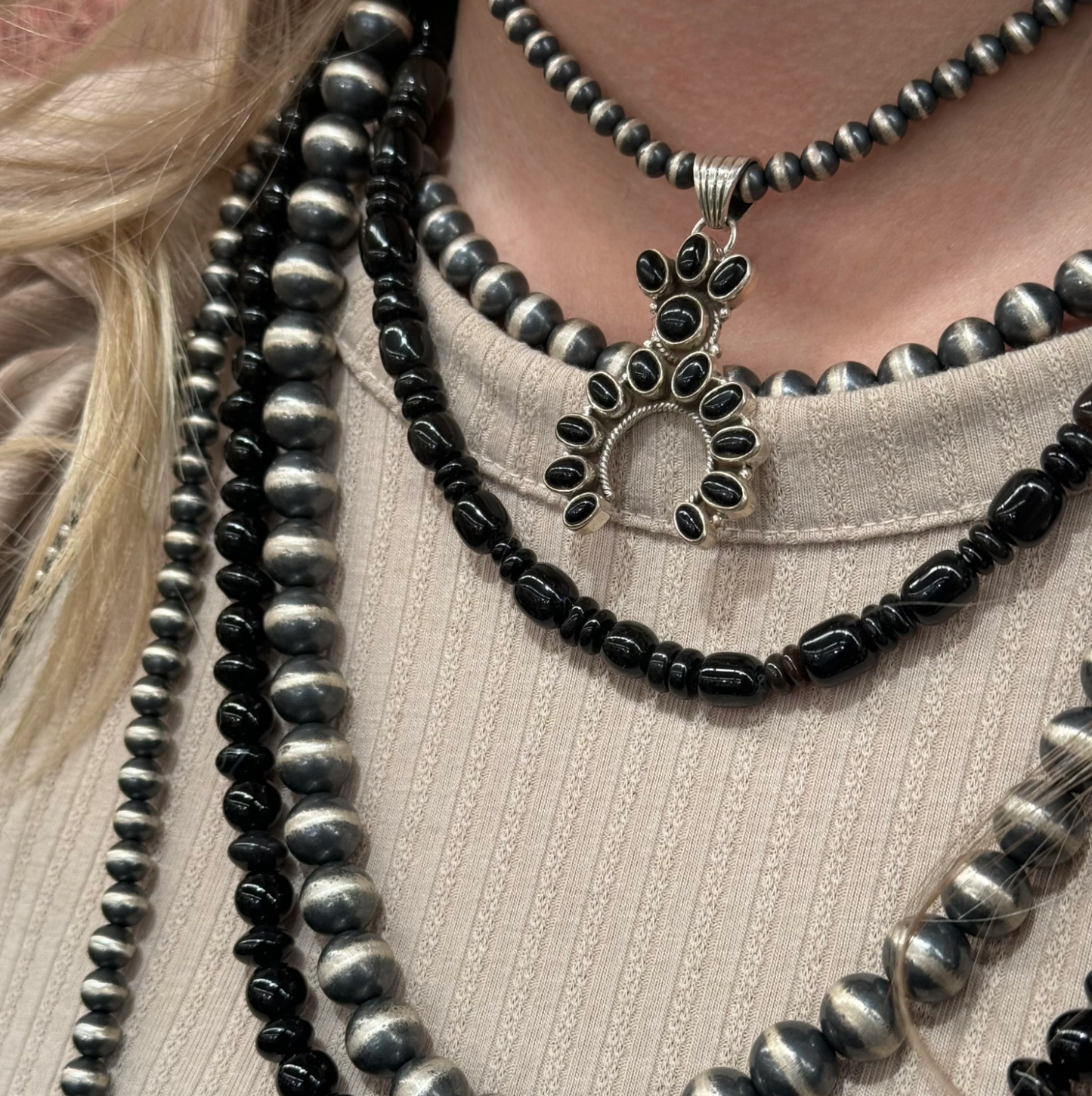 Handcrafted Jewelry Piece crafted from Black Onyx (round and pear), an exquisite Jewelry designed by Turquoise Mustang.