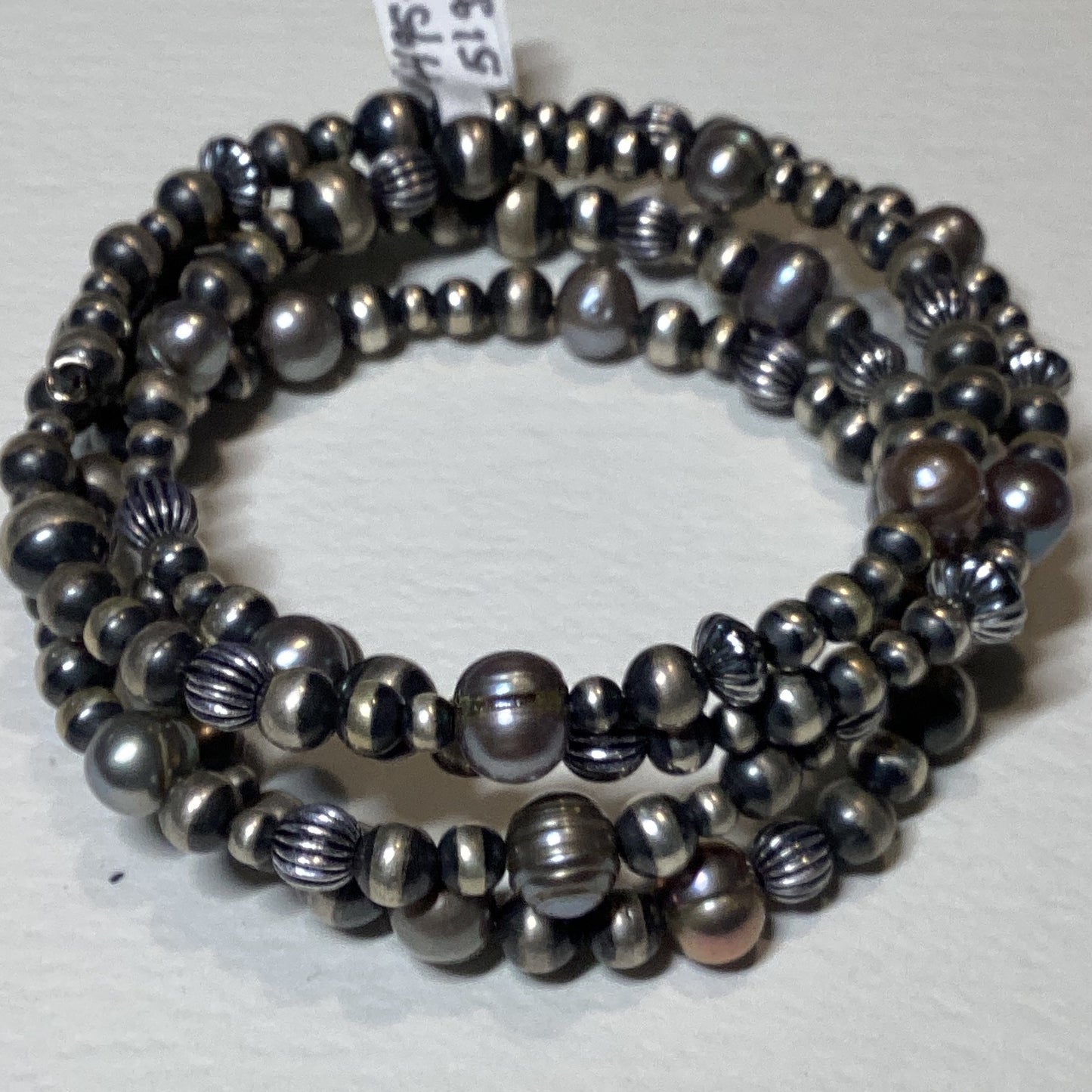 Bracelet, Memory wire Mixed Navajo Pearls -plain, saucer, twist, corrugated, , TM crafted from Sterling Silver, an exquisite DD Bracelets designed by Turquoise Mustang.
