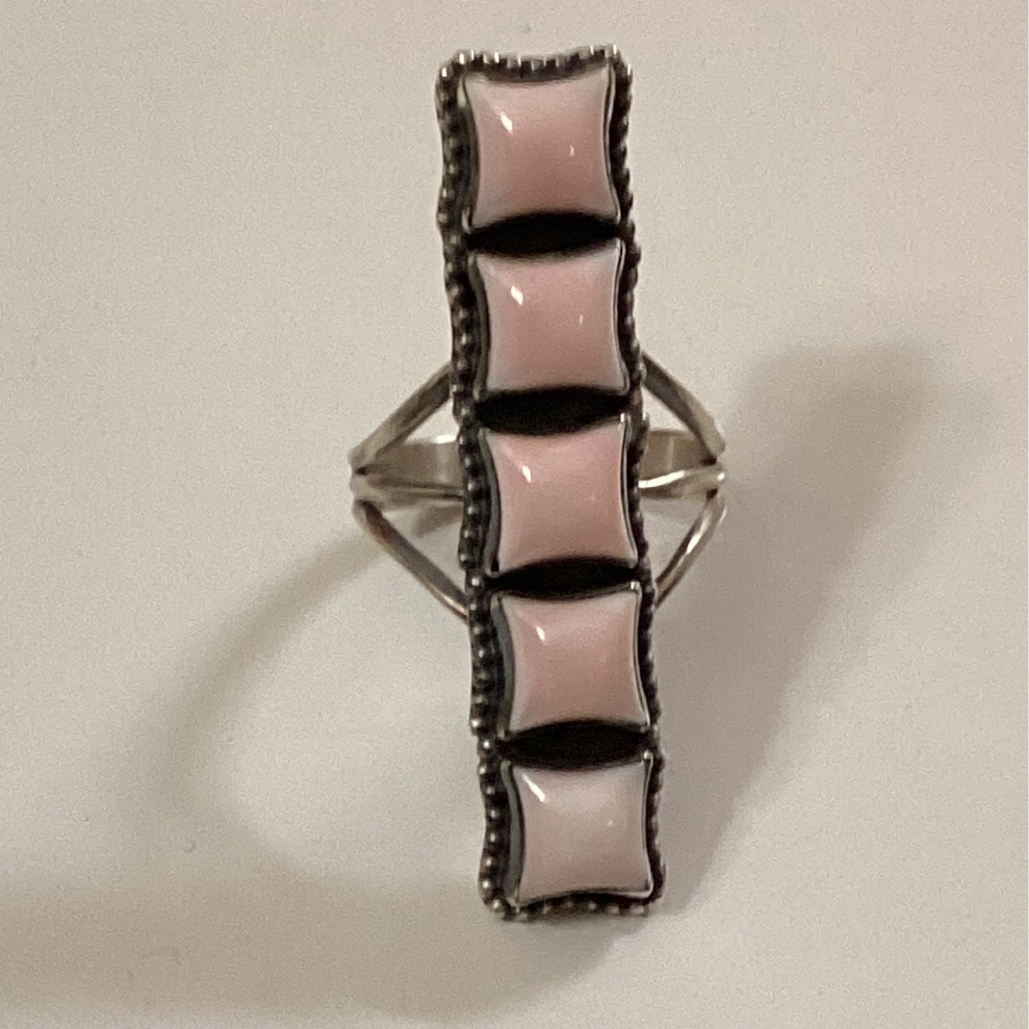 Ring, single row 5 square stone, Pink Queen Conch, unknown crafted from Sterling Silver, an exquisite Rings designed by Turquoise Mustang.