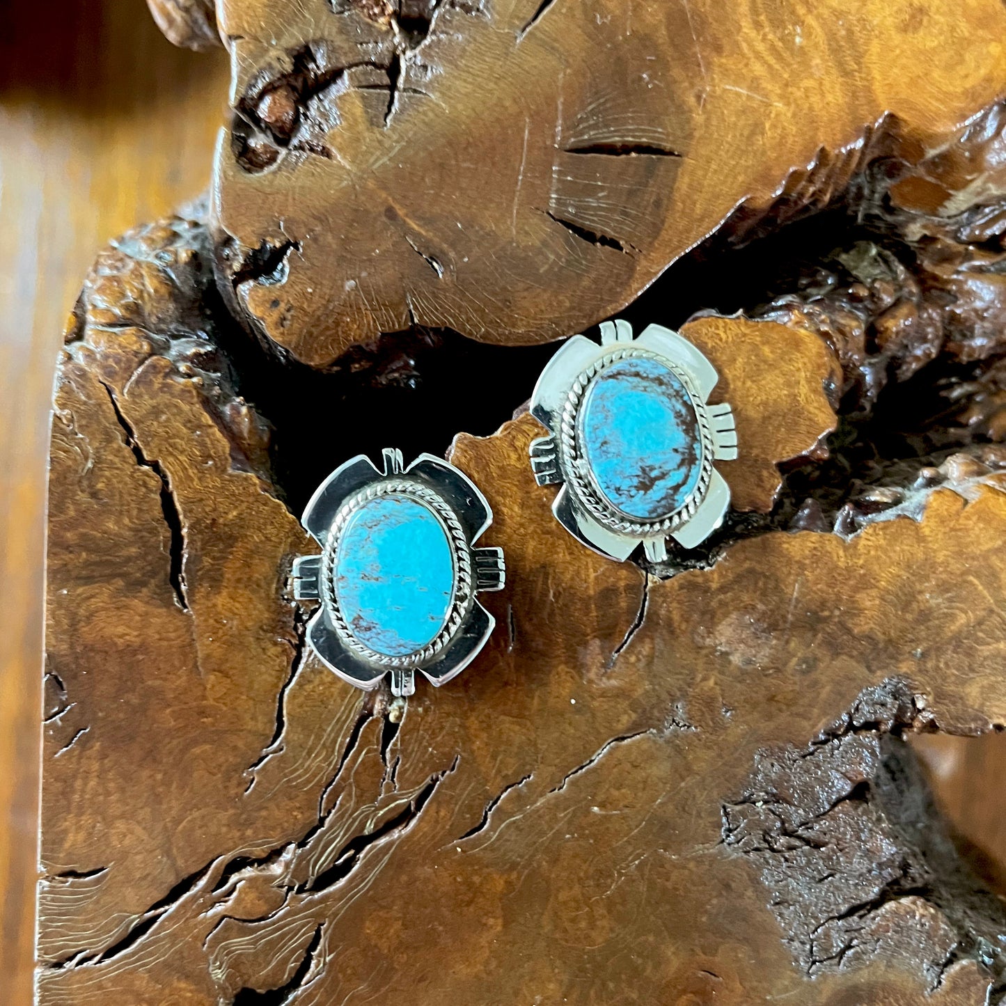 The Orchid Filework Stud Earrings crafted from Dark Green Turquoise, an exquisite Turquoise Mustang Earrings designed by Turquoise Mustang.