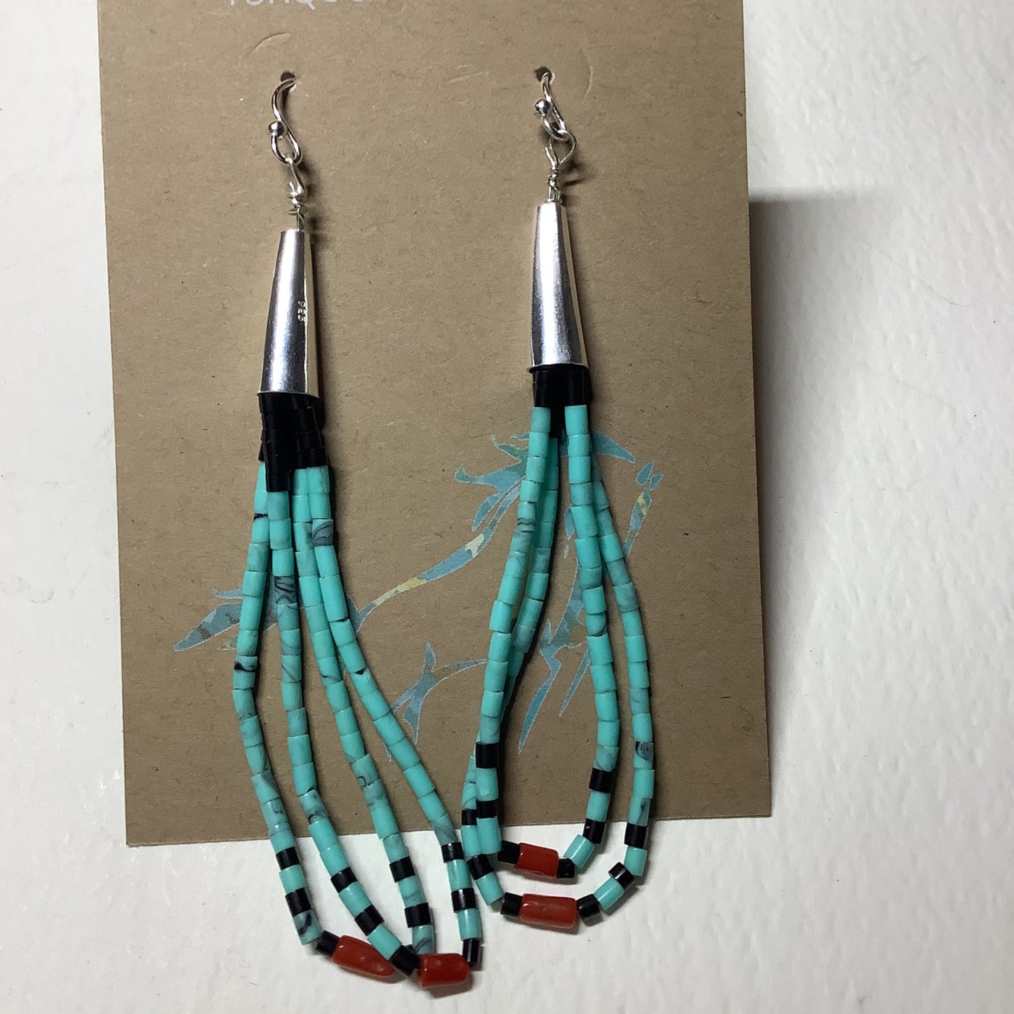 Earrings, Jacla style cones with 2 loops TQ/Jet/Coral, Turquoise Mustang (1) crafted from Sterling Silver, an exquisite Turquoise Mustang Earrings designed by Turquoise Mustang.