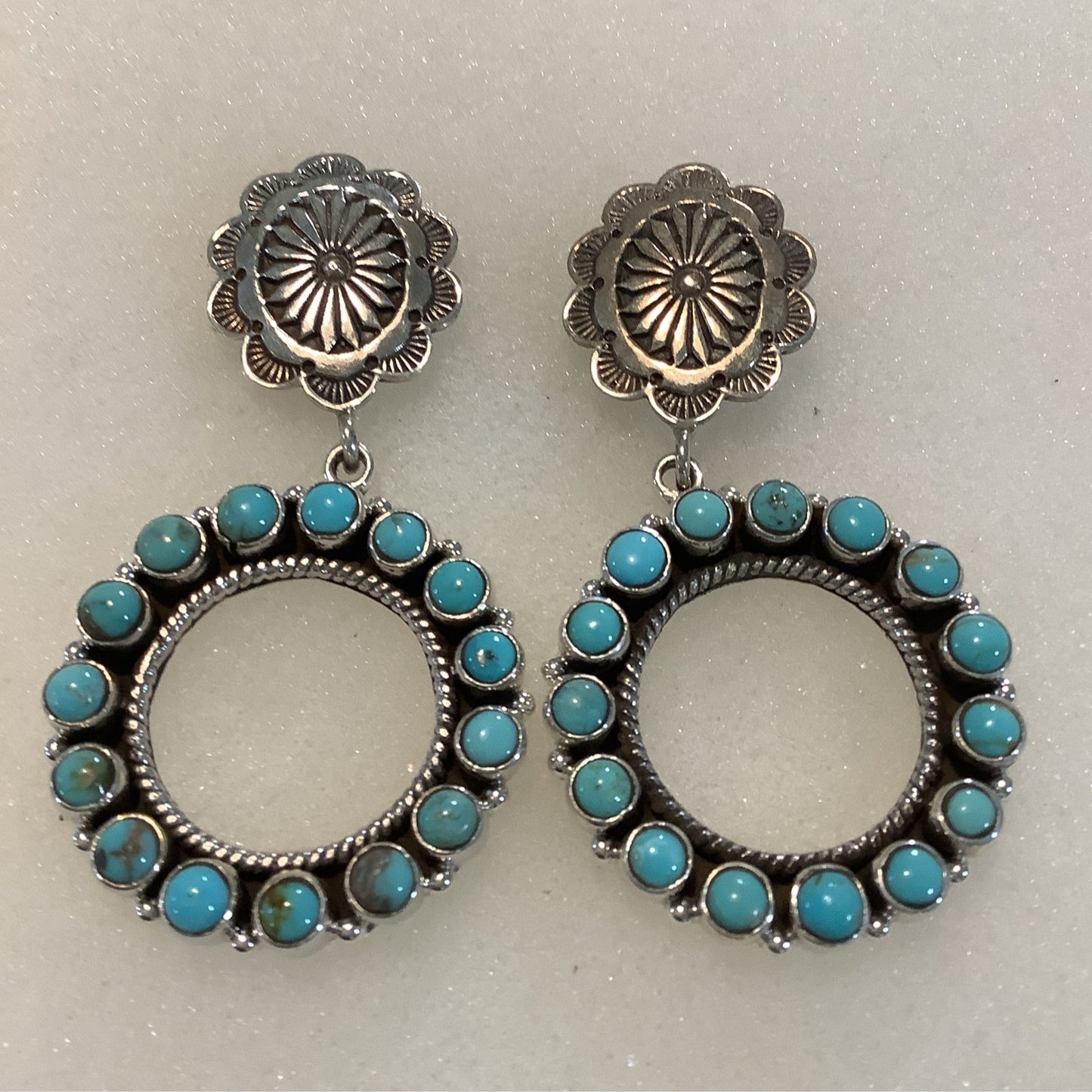 Earrings, Turquoise, Concho Stud with Circle Cluster drop, DD crafted from Sterling Silver, an exquisite DD Earrings designed by Turquoise Mustang.