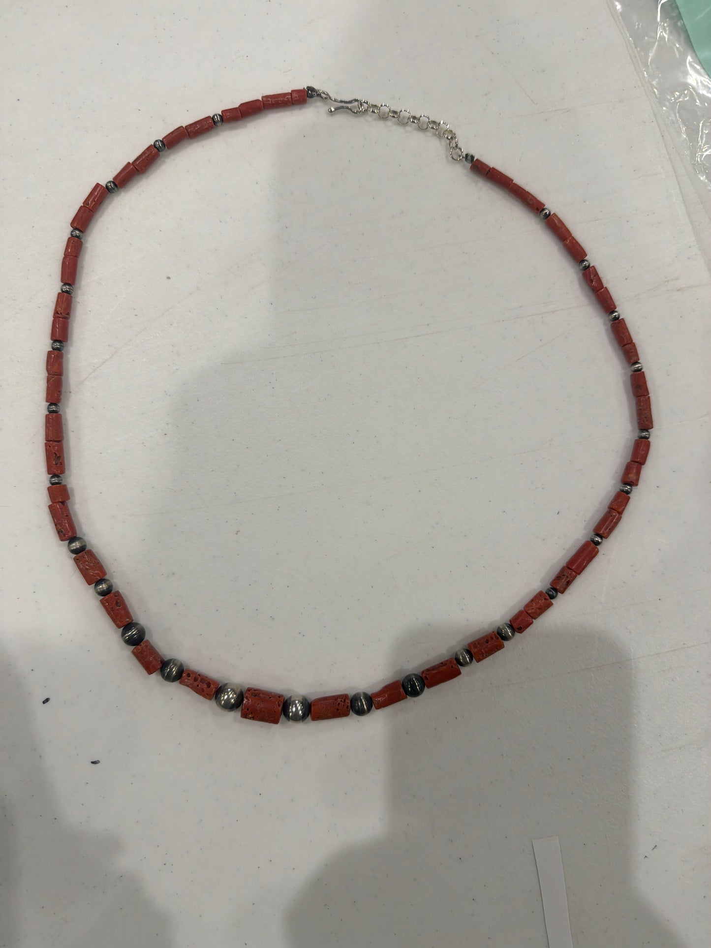 24" Graduated Red Coral Tube Necklace with Sterling Silver Beads and Coral Tubes, Handmade by Turquoise Mustang