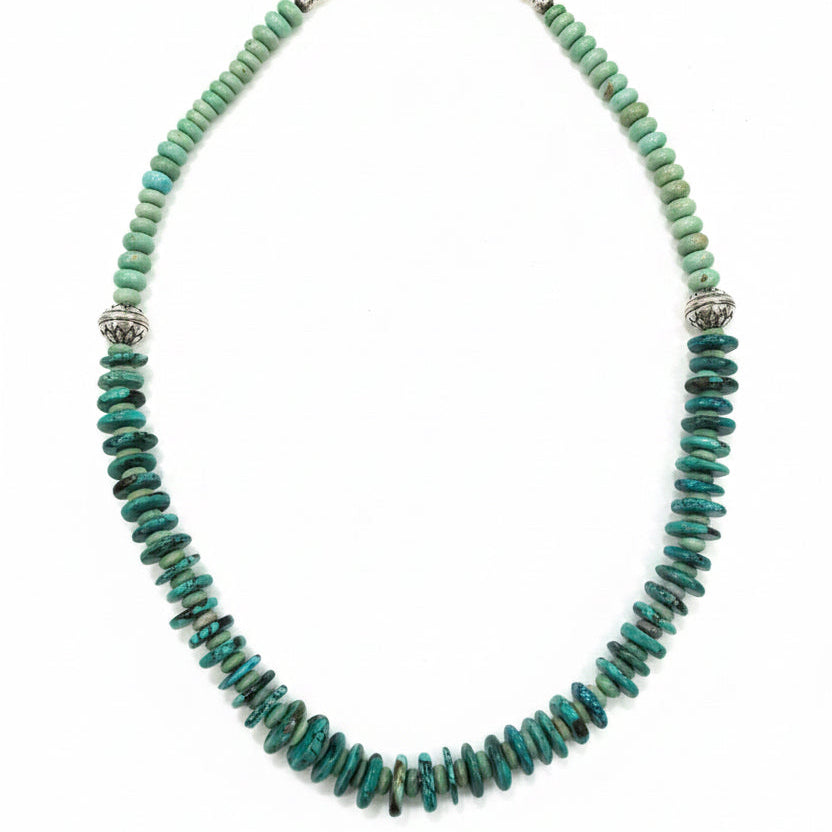 19" Cloud Mountain Turquoise Heshi Necklace with Stamped Sterling Silver Rondelles