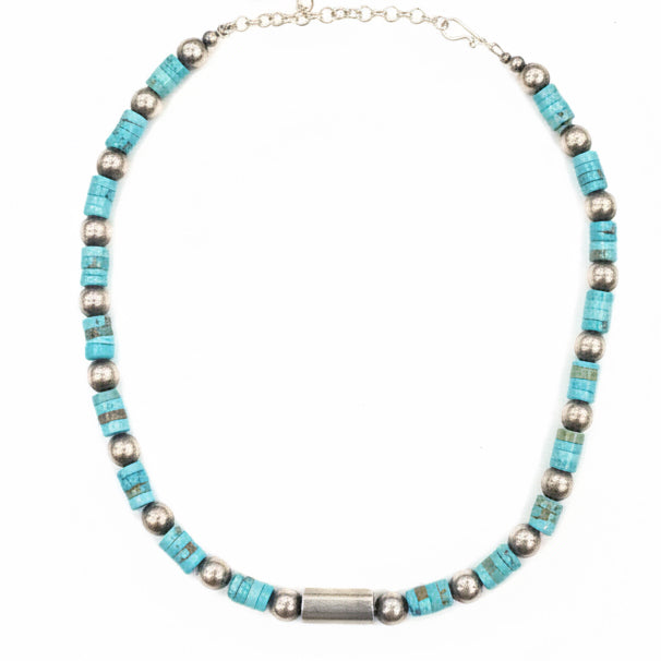 18" Blue-Green Turquoise Heshi Necklace with Sterling Silver Rounds and Focal Bead