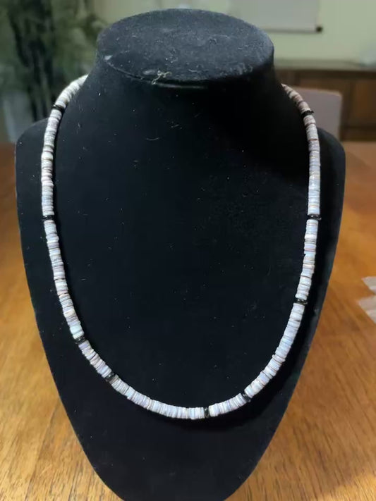 20" Shell Heishi Necklace with Black Onyx Rondelles