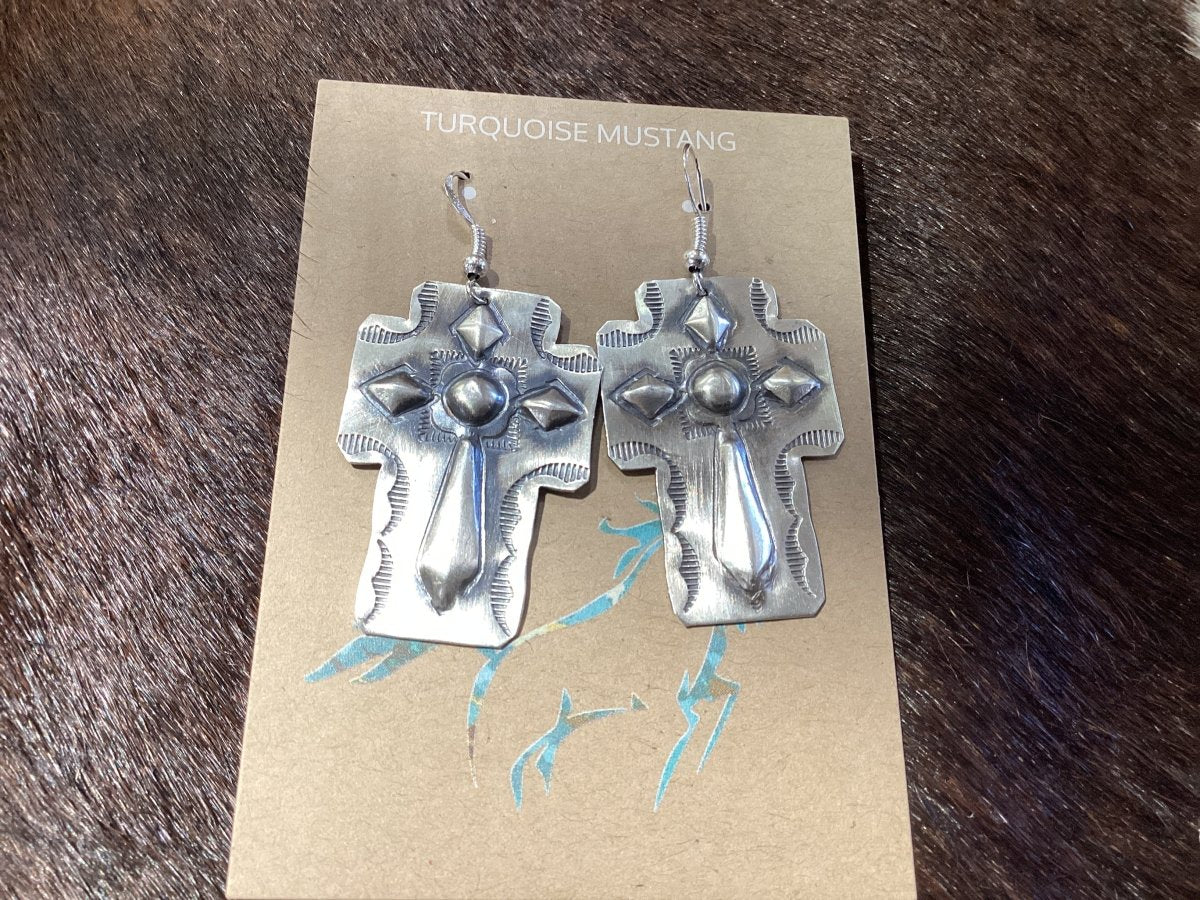Earring, All - Silver, Repoussee Single Cross and dangles, Unknown - Turquoise Mustang