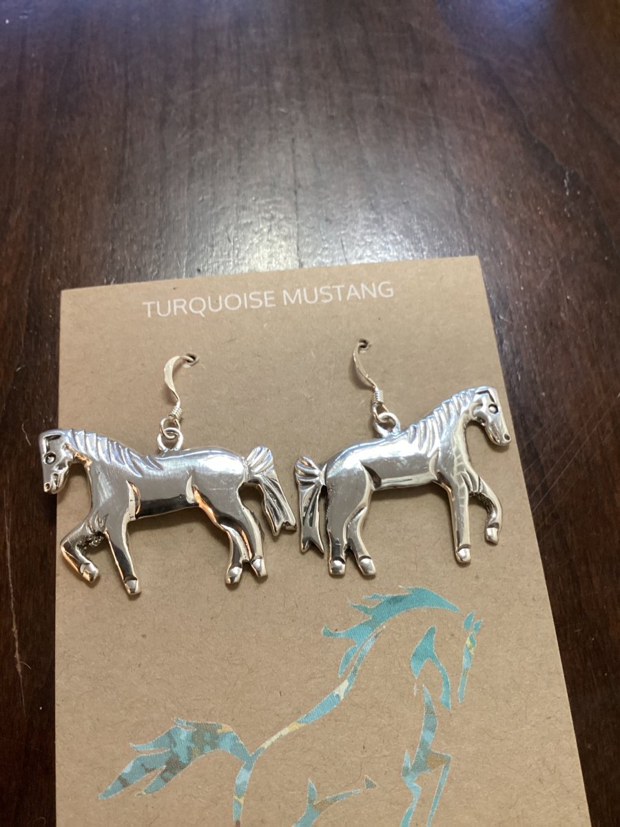 Earring, All Silver, cast horses on hooks, unknown - Turquoise Mustang