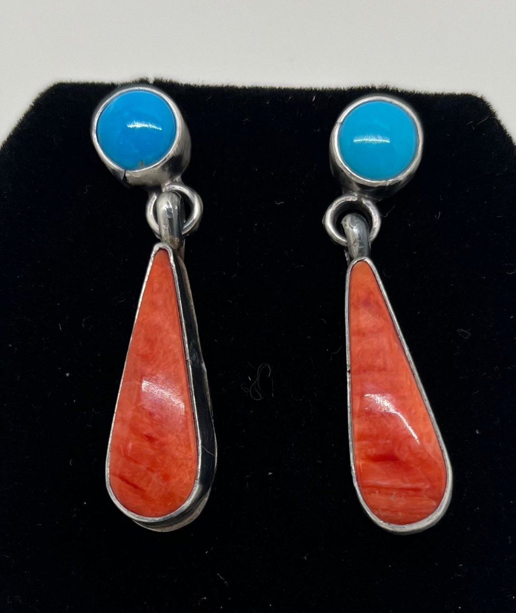 Clovis Red Spiny Oyster & Turquoise Earrings by Danny Henio - Turquoise Mustang