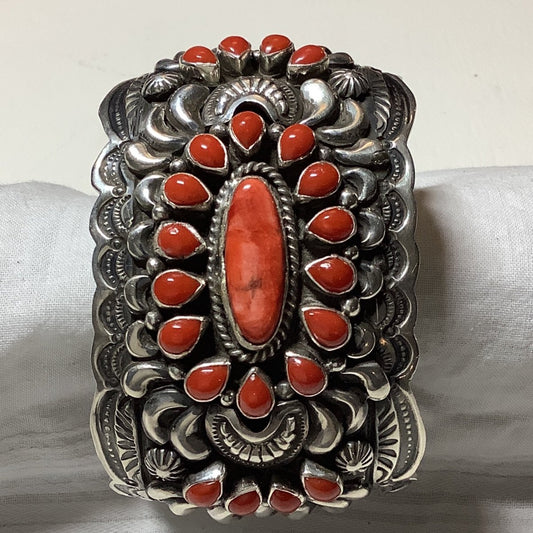 Wide Cuff with Red Coral and Spiny Oyster, Darryl Becenti - Turquoise Mustang