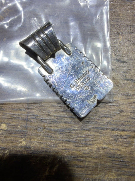 C. Benally Sterling Silver Rectangular Pendant with Coral-Color Geometric Inlay - Turquoise Mustang