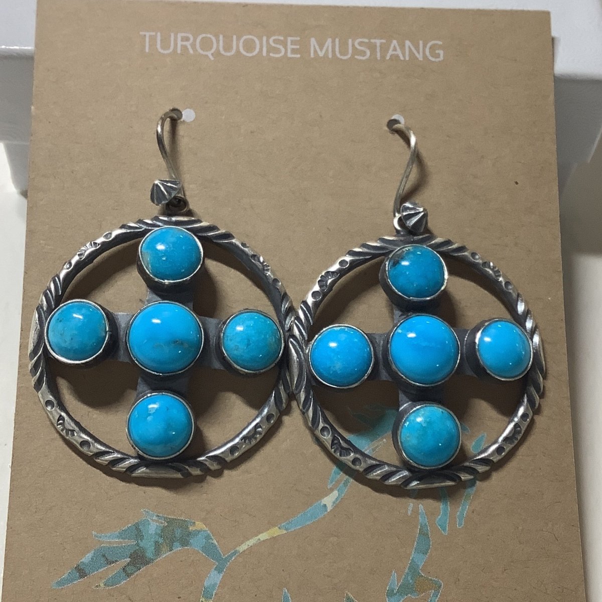 Earring, Round with 5 round cabs, KIngman, Derrick Gordon - Turquoise Mustang
