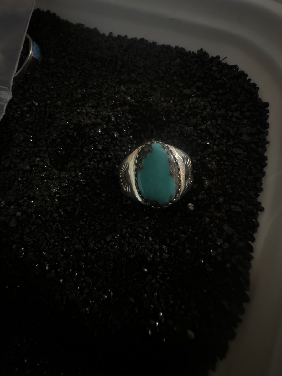 Single Large Oval Stone Turquoise Ring with Sawtooth Bezel, by Hopi Artist, Melinda Lucas - Turquoise Mustang