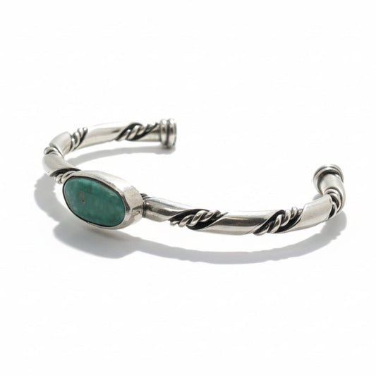 Oval Turquoise Twisted Wire Sterling Silver Cuff by VC, Navajo - Turquoise Mustang