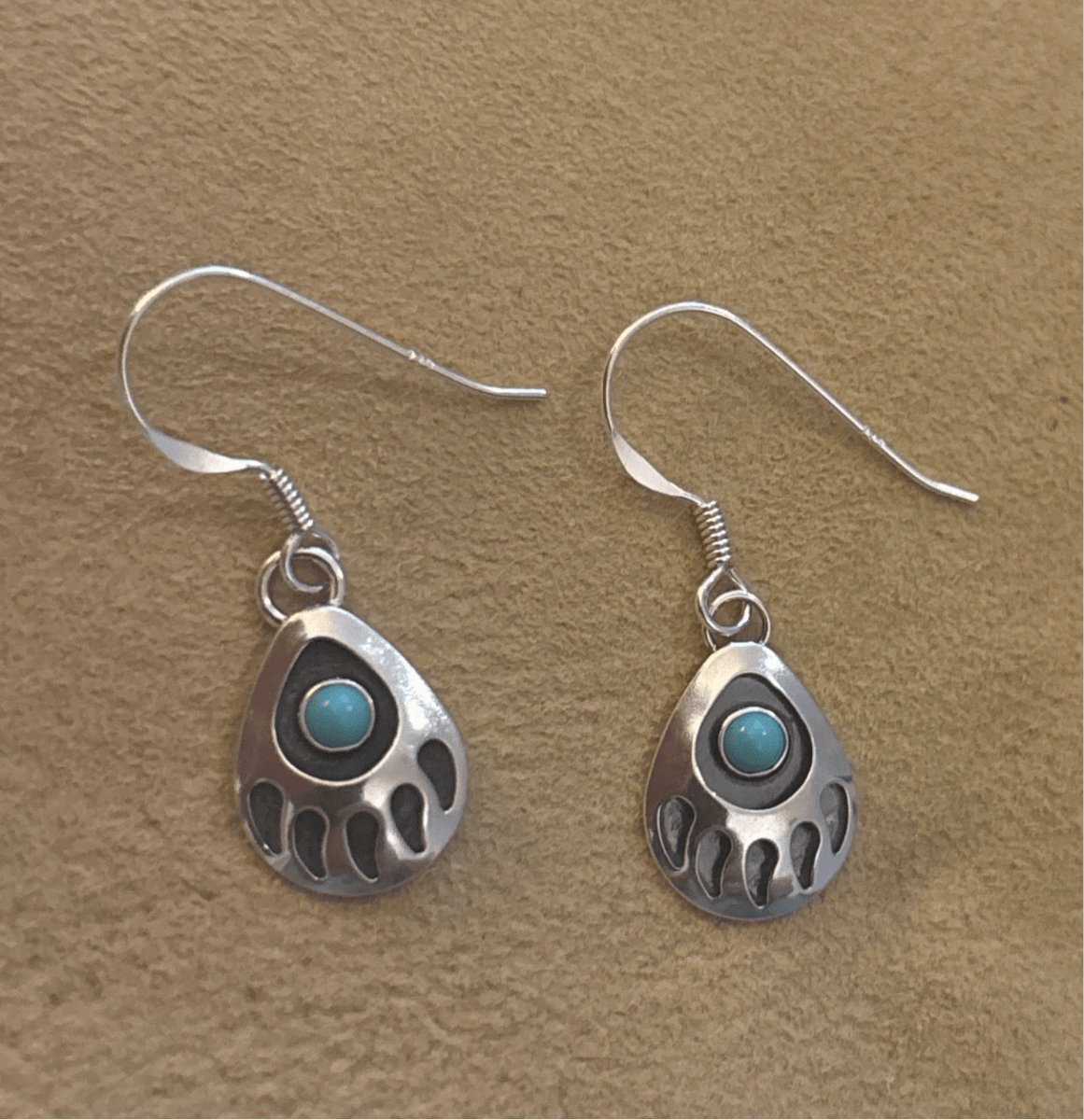 Sterling Silver Small Bear Paw Shadowbox Dangles with Turquoise - Turquoise Mustang