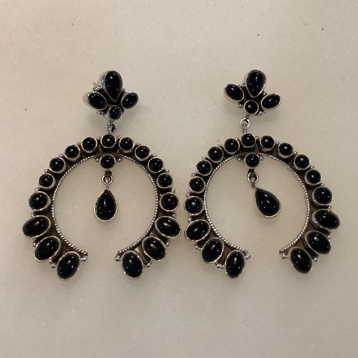 Earrings, Onyx, Naja drop w/ Pear Pendulums, DD - Turquoise Mustang