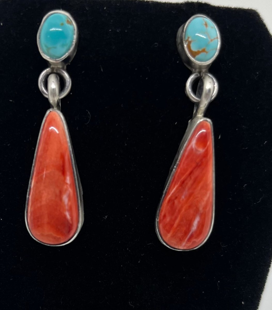 Clovis Red Spiny Oyster & Turquoise Earrings by Danny Henio - Turquoise Mustang