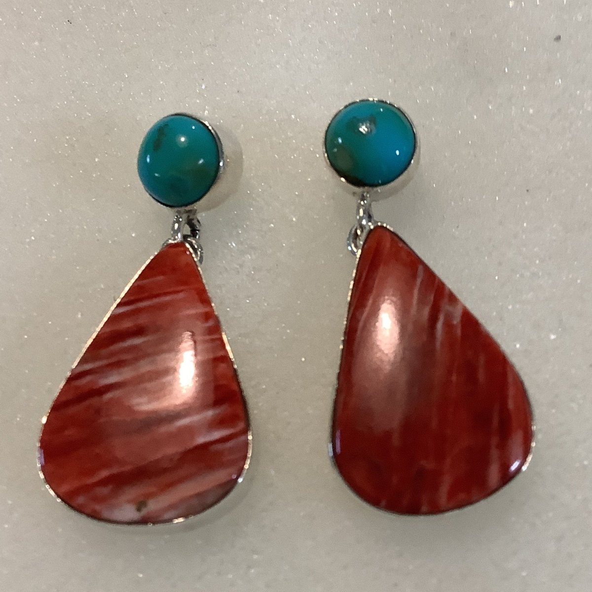 Earrings, Turquoise, Teardrop Cab, Large Spiny Oyster, Studs, DD - Turquoise Mustang