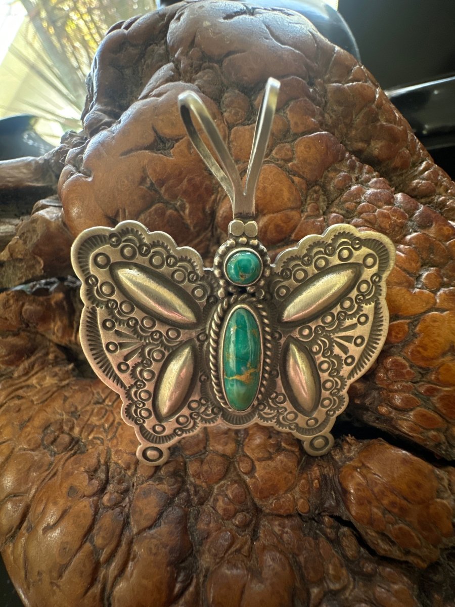 Pendant, Repousse Butterfly with Oval Royston Cab, HS hallmark - Turquoise Mustang