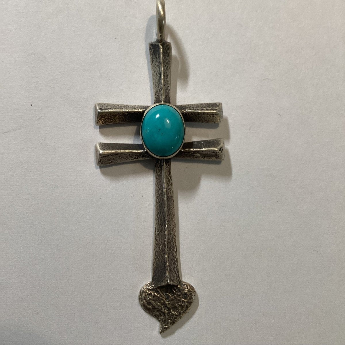 Pendant, Cross, Tufa Cast with Oval Turquoise, DD - Turquoise Mustang