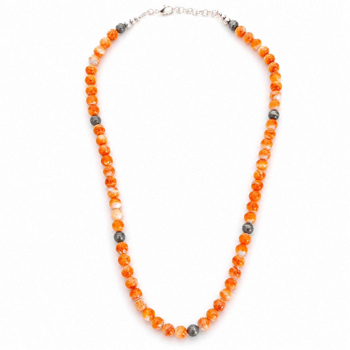 23" 8mm Red Spiny Oyster Round Bead Necklace with 8mm Sterling Silver Pearl Accent Beads - Turquoise Mustang