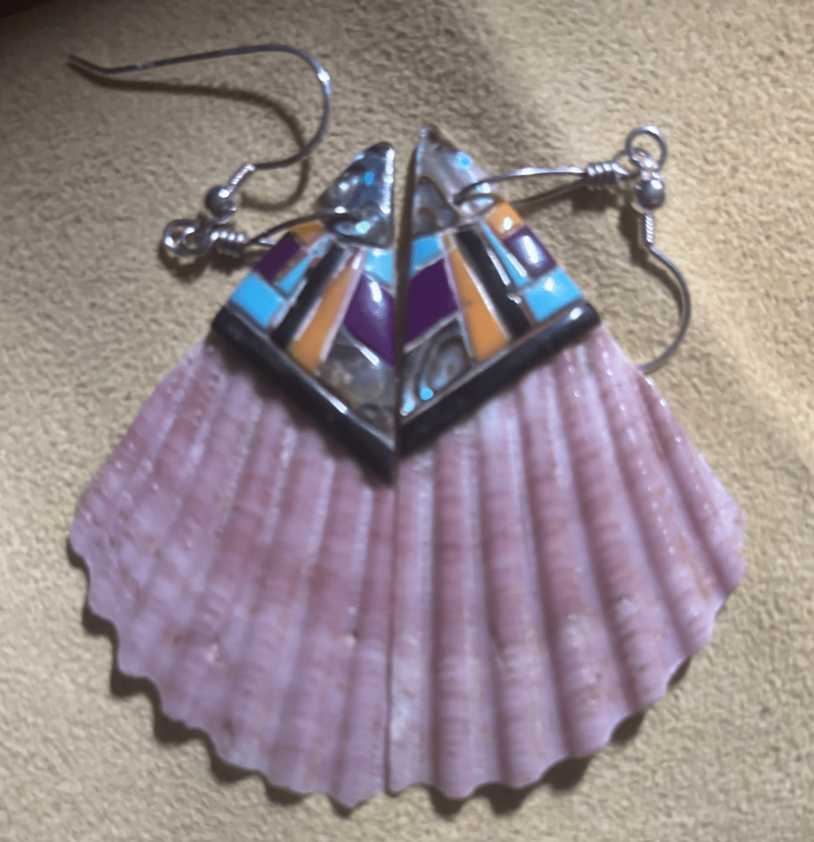 Wide Zuni Handmade Spiny Oyster with Inlay Dangle Earrings – Sterling Silver Hooks - Turquoise Mustang