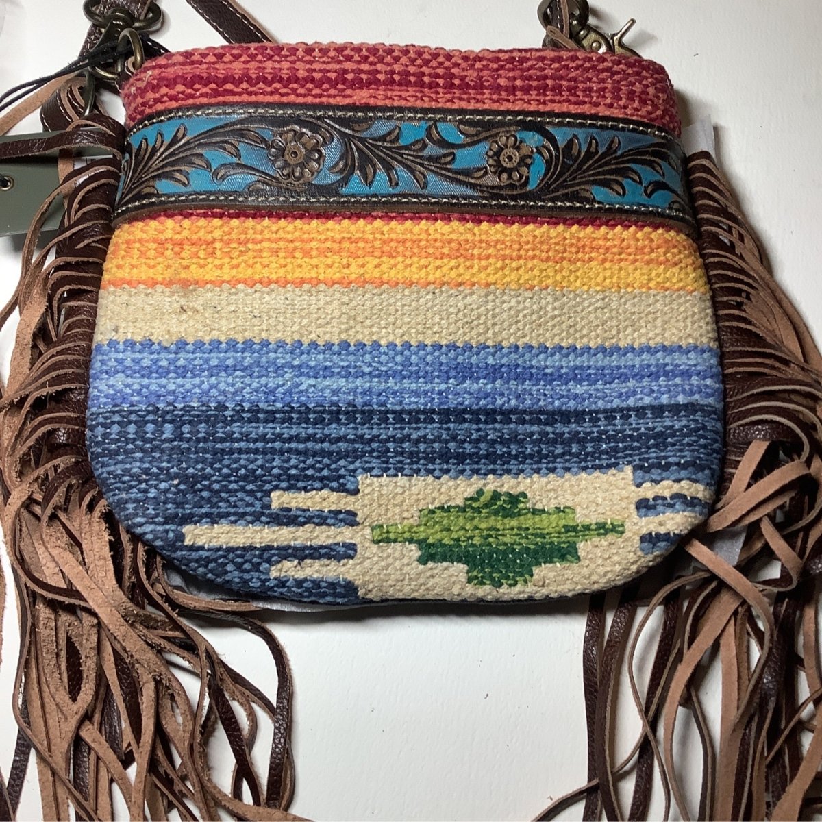 Etched Rainbow Hand tooled Bag - 24x3x18 - Turquoise Mustang