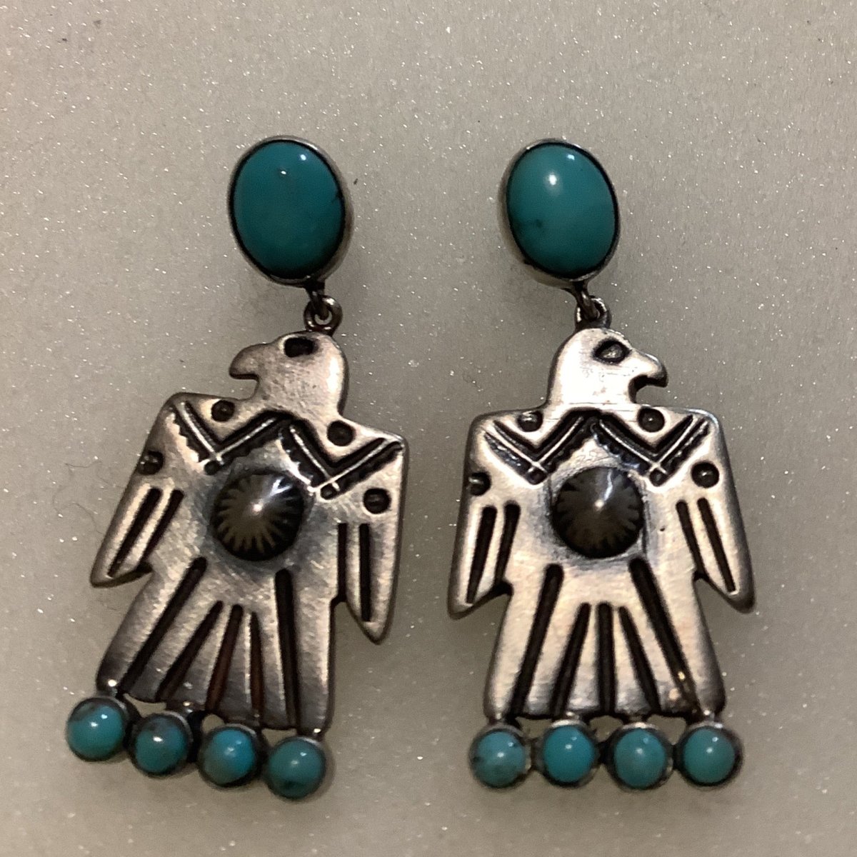 Earrings, Medium Thunderbirds with Sunburst, TQ Studs & Feathers tips, DD - Turquoise Mustang