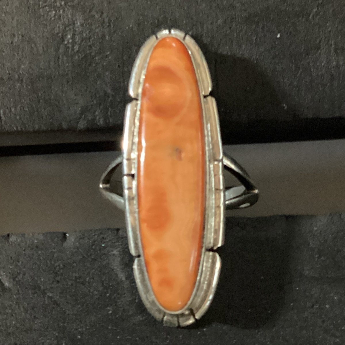 Ring, Narrow Oval Spiny Oyster, simple cutwork bezel, SE - Turquoise Mustang