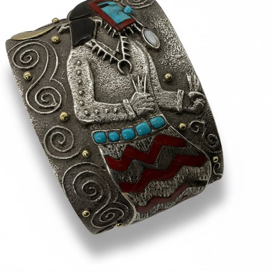 Monumental Storyteller Cuff with Turquoise, Mother of Pearl, Red Coral, Black Jet and 14K Gold Accent, by Philander Begay - Turquoise Mustang