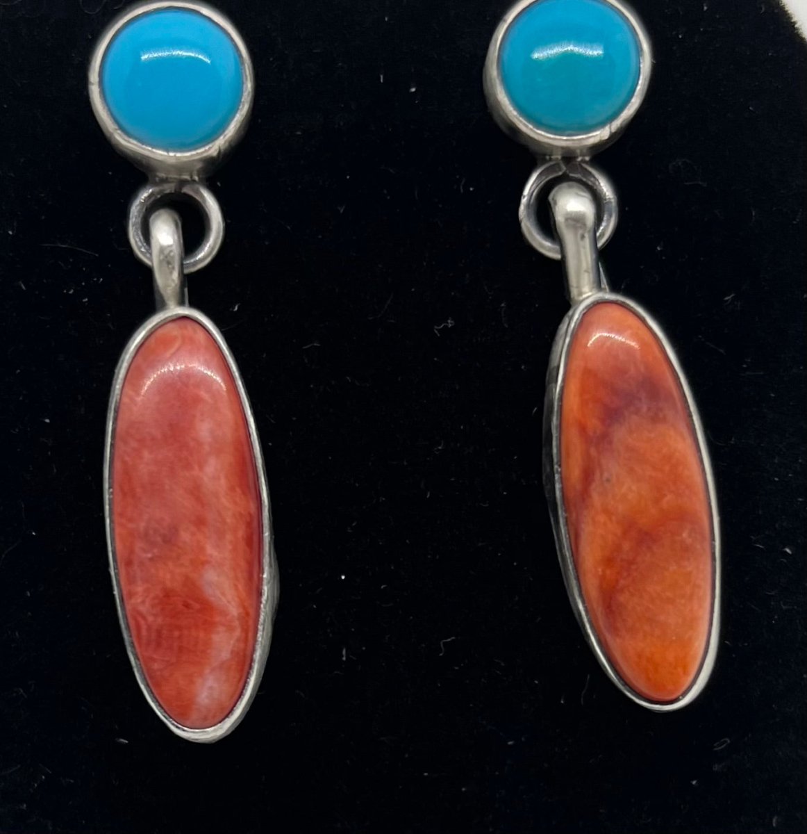 Clovis Red Spiny Oyster & Turquoise Earrings by Danny Henio - Turquoise Mustang
