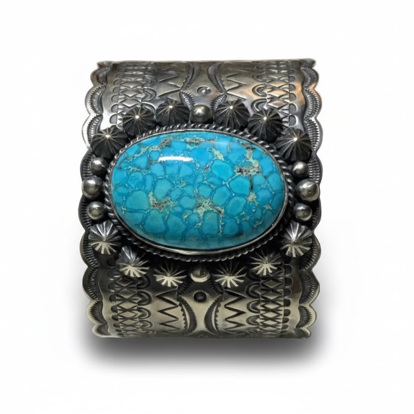 Large Oval Natural Waterweb Kingman, 7 rows, by Roland Dixson - Turquoise Mustang