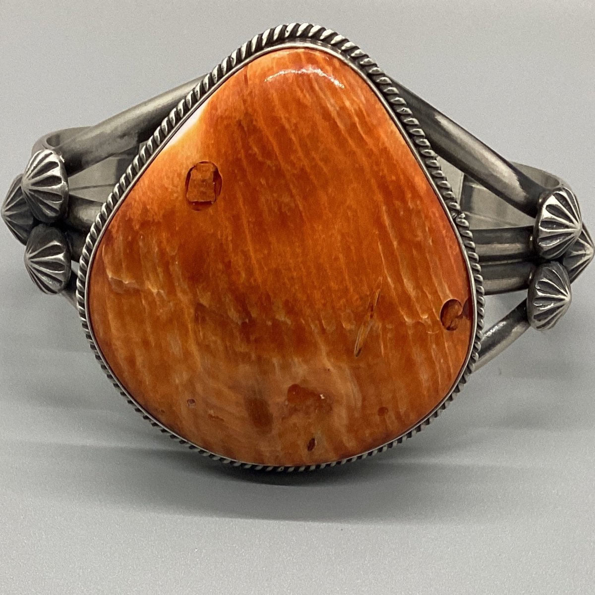 Bracelet, Cuff, Orange Spiny Oyster Rope Bezel, Starbursts, 55 ct, Michael Calditto (1) - Turquoise Mustang