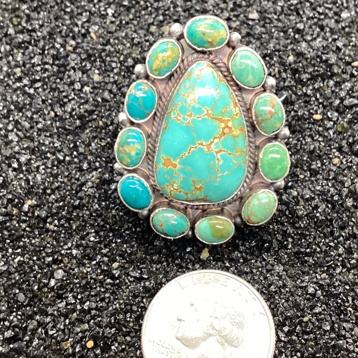 Ring, 11 Stone Cluster Number Eight w 8 bezel, Peterson Johnson - Turquoise Mustang