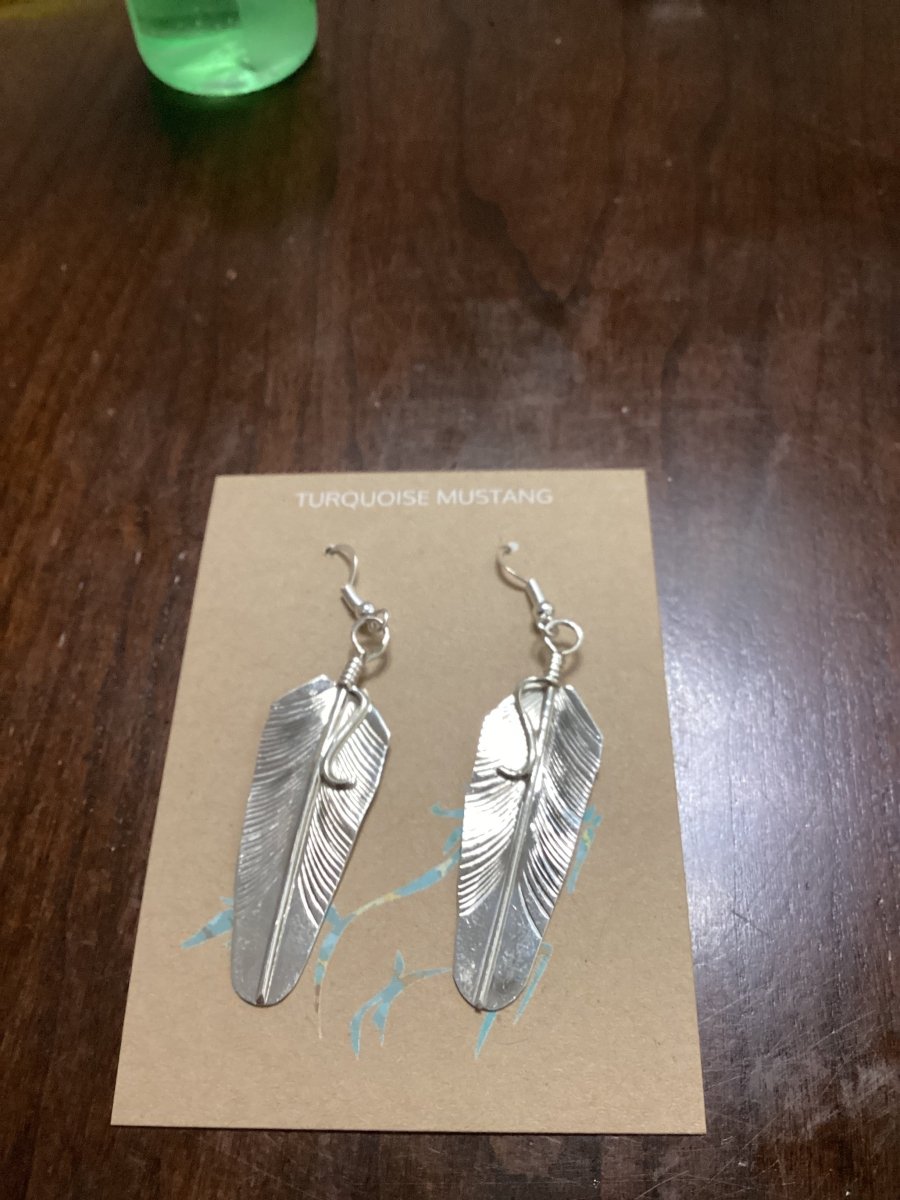 Earrings, All Sliver, Feathers, Hooks, Byron Begay - Turquoise Mustang