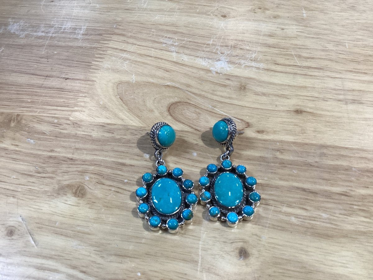 Earring, turquoise oval posts with cluster drops, unknown zee - Turquoise Mustang