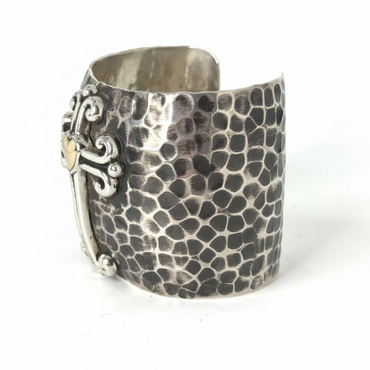 Hammered Sterling Silver Cross Cuff Bracelet with 14K Gold Heart, G.J. Nez - Turquoise Mustang