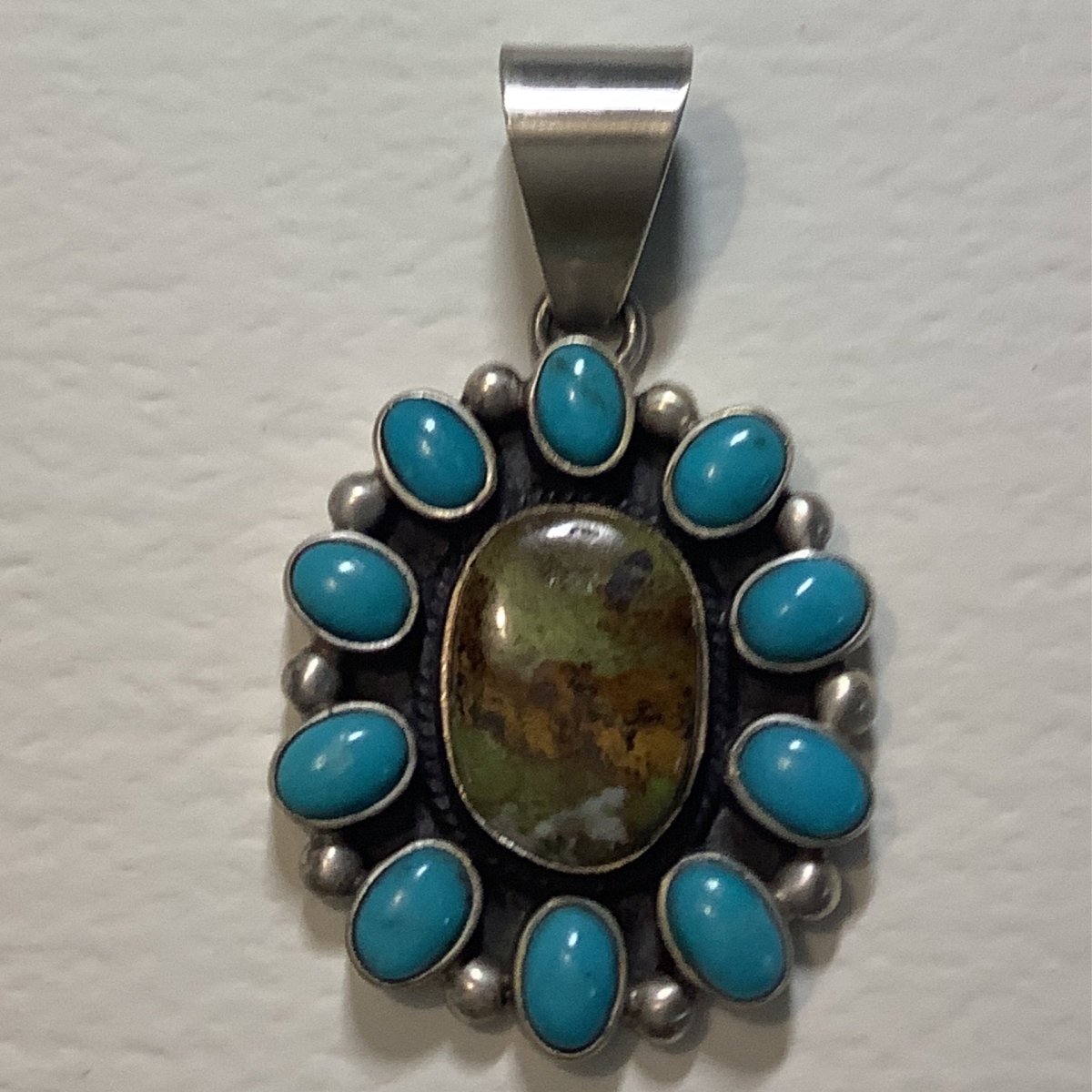 Pendant, Gaspeite and Sleeping Beauty Cluster, 11 stones , DD - Turquoise Mustang