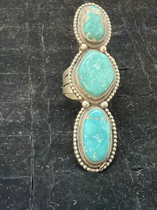 Large 3 - Stone Freeform Turquoise Ring, Size 10.5 by Danny Henio - Turquoise Mustang