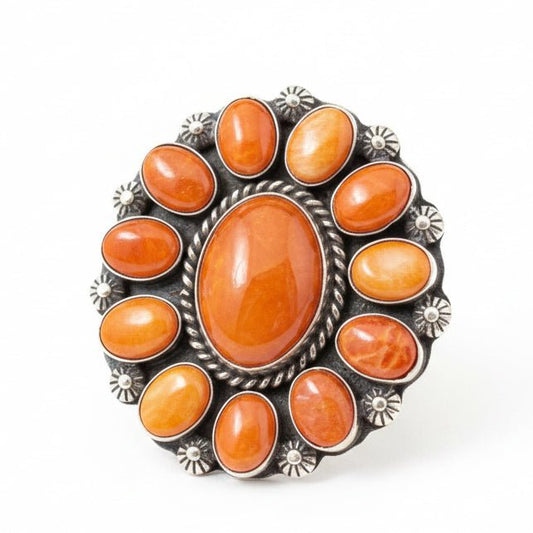 Orange Spiny Oyster Cluster Ring, Adjustable, Native American - Turquoise Mustang