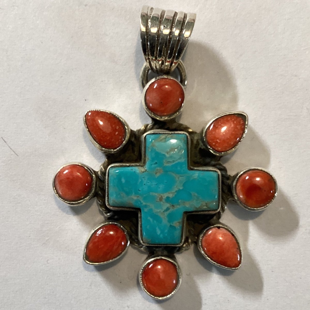 Pendant, Cross, Navajo style Turquoise Cab with 8 Spiny Oyster, DD (1) - Turquoise Mustang
