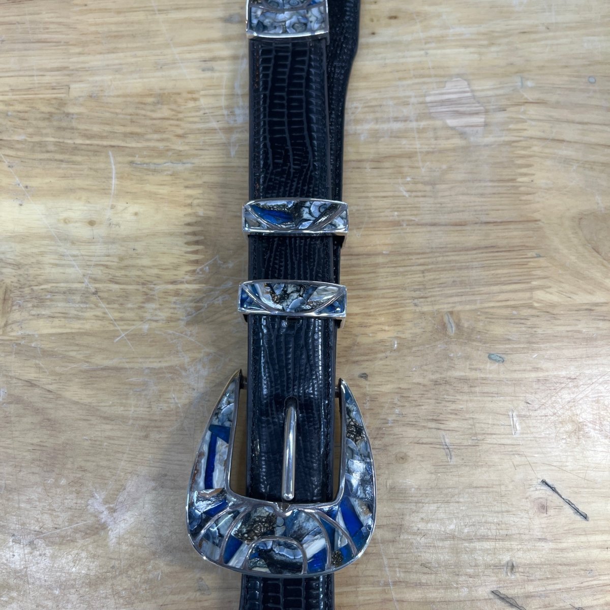 Ranger Buckle set, Zuni inlay, turquoise, Coral, Jet, MOP - Turquoise Mustang