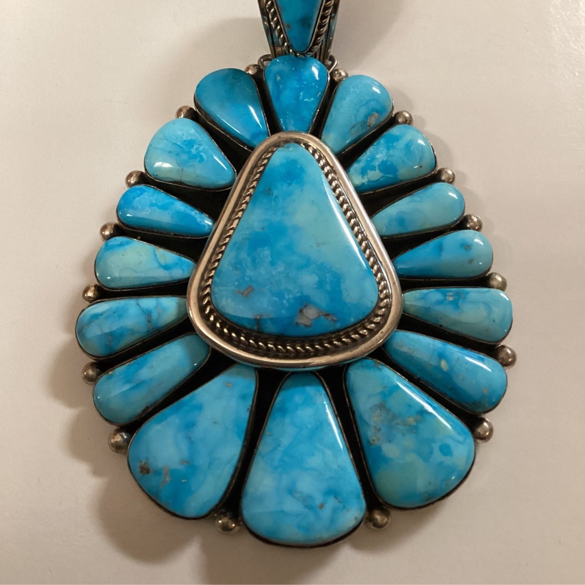 Pendant, huge cluster, triangular center surrounded by 16 teardrops, Blue Ridge Turquoise, Harley Jake - Turquoise Mustang